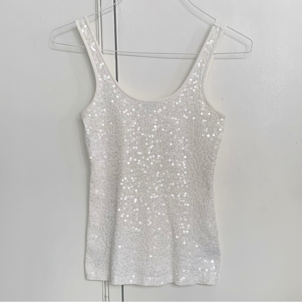 Express Ivory Cream Sequin Ribbed Fitted Scoopneck Tank Y2K Party NYE Holiday